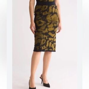 DKNY ‎ Textured Jacquard Midi Pencil Sweater Skirt In Black/dark Olive